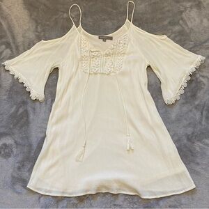 Purple Snow Boho Cold Shoulder Peasant Mini Dress Lace Trim Cream Small